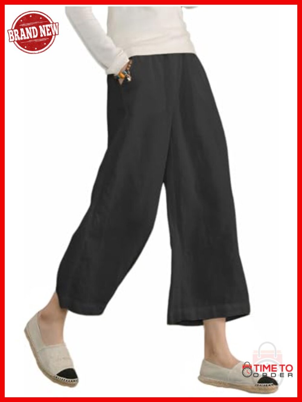Cotton Cropped Pants Loose Fit Wide Leg Capri Casual Elastic Waist Trousers